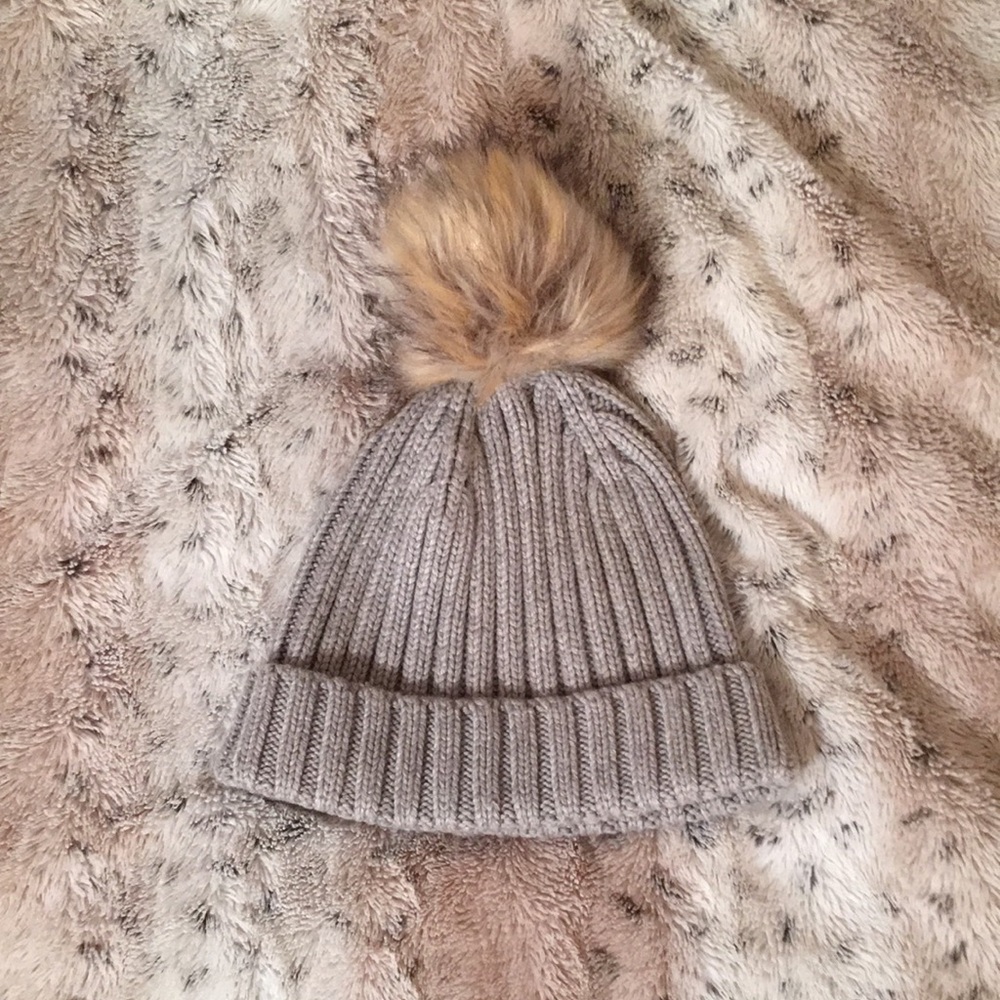 J. Crew Gray and Brown Ribbed Knit Hat with Pom-Pom